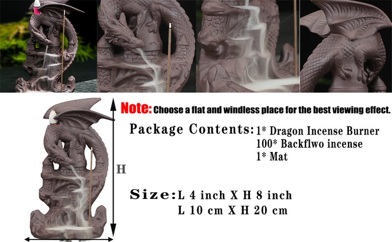 OTDCGI Dragon Backflow Incense Burner Handmade Ceramics Ornamen Statue Fountain Home Decor Waterfall Incense Holder, with 100 Backflow Incense Cones and 1Mat - Image 2